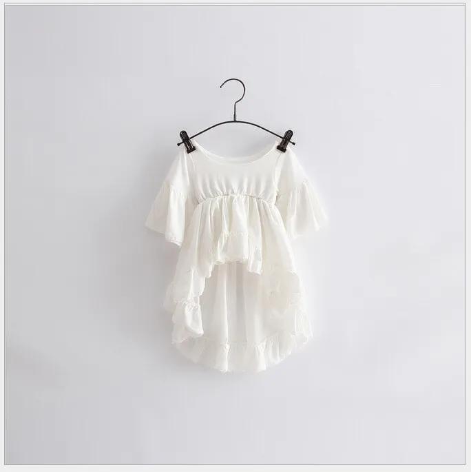 2016 Nouvelles Filles Mignonnes Chemises Blanches Robe Enfants Coton Chemise Longue Blouses Mode Fille À Manches Courtes Tops Bébé Fille Ruffle T-shirts / 