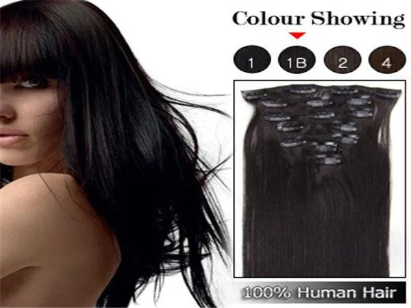 Brasilianska mänskliga hår rakt klipp i hårförlängningar 7st Full Head Set 16 