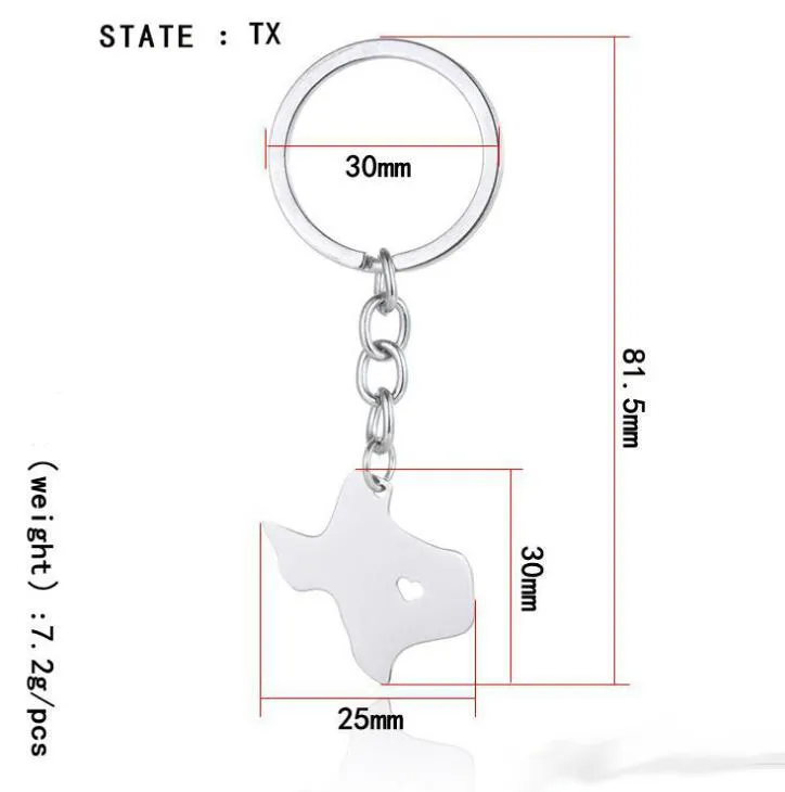 America 50 State Map Pendant Key Rings With Heart DIY Stainless Steel Key Ring Alaska Texas Idaho New York State Map Keychain