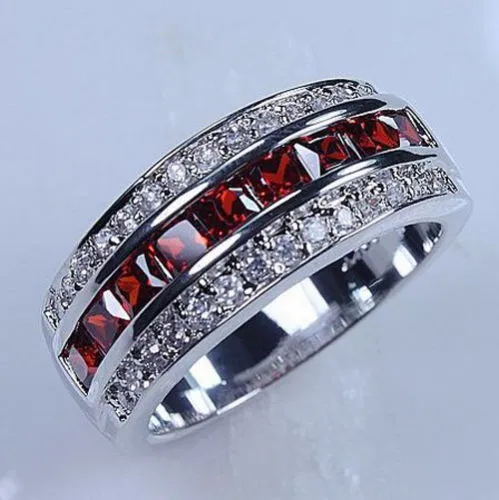 Victoria Wieck Luxury Smycken 10kt Vitguld Fylld Röd Garnet Simulerad Diamant Bröllop Princess Bridal Ringar för Män Presentstorlek 6/7/8/9/10