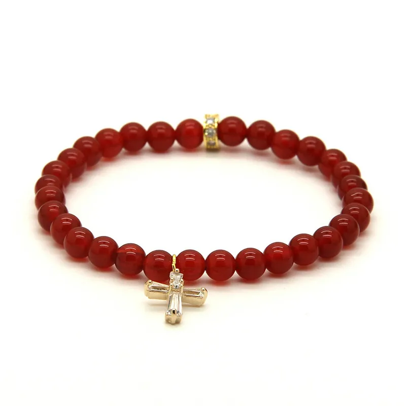 Vente en gros 10 pièces/lot Bracelets d'été 6mm Grade Agate rouge naturelle avec des Bracelets de perles en croix transparentes Cz