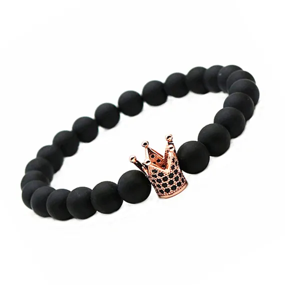 Micro Pave Black CZ Zirconia Gold Plated Crown Beaded Strands Bracelet Jewelry Dull Polish Matte Stone Bead Bracelets For Men