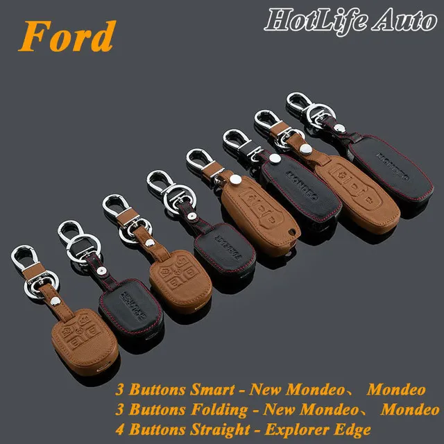 Genuine Leather Car Key Case Cover Keychain Fits for Ford Mondeo New Mondeo Explorer Edge Smart/Folding Remote Car Key Rings
