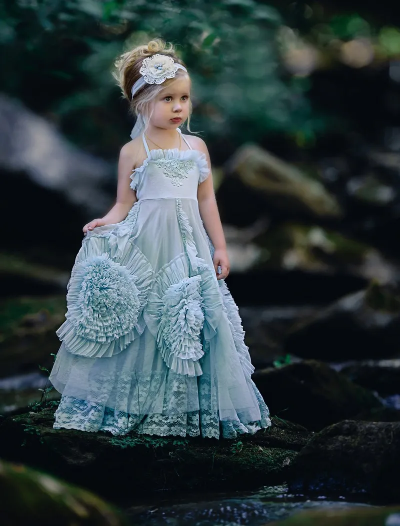 2019 Dollcake Flower Girl Sukienki na Wesela Potargane Dzieci Pagewne Suknie Kwiaty Długość Piętro Koronki Party Communion Dress