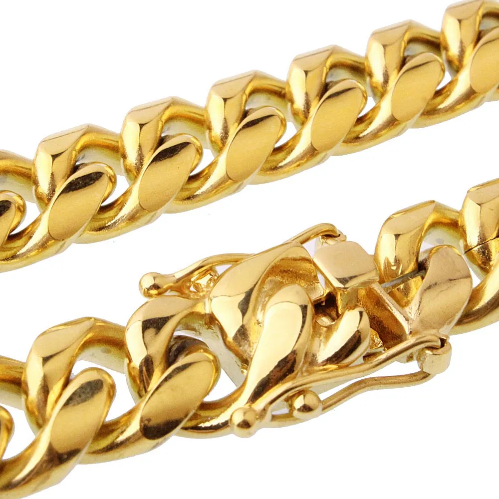 Stainless Steel Jewelry Set 24K Gold Plated High Quality Cuban Link Necklace & Bracelet For Mens Curb Chain 1.5cm 8.5