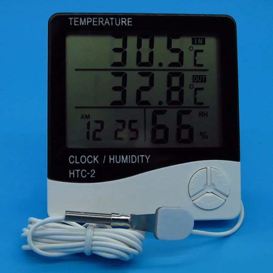 HTC-2 Ny LCD Digital Termometer Hygrometer Väderstation Temperatur Luftfuktighet Tester Klocka Larm Inomhus Utomhus Probe