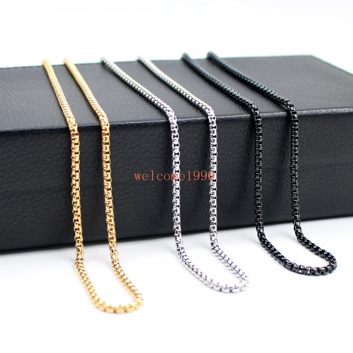 Groothandel 5 stks sieraden breed 3mm box rolo ketting rvs rvs mode heren vrouwen sieraden zilver / goud / zwart 18 inch-32 inch