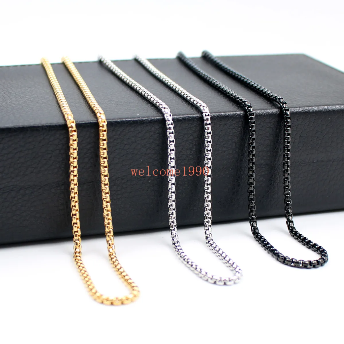 Wholesale jewelry wide 3mm Box Rolo Chain Necklace Stainless Steel Fashion Men's Women Jewelry Silver / gold / black 18 inch-32 inch