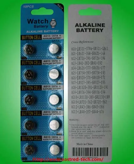 AG13 LR44 A76 1.5v Battery Alkaline Button cells 10pcs per blister card pack 0%Hg Pb AG13