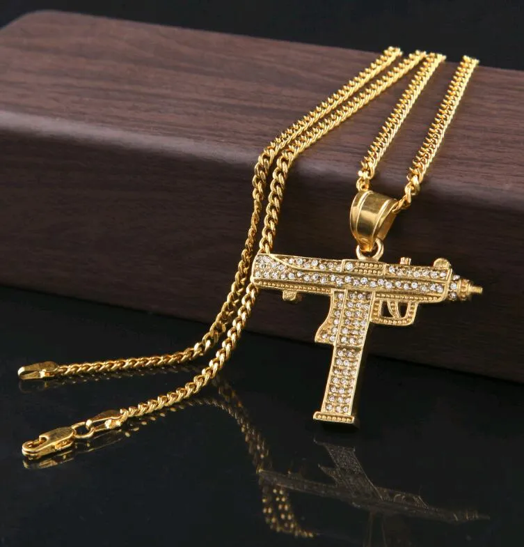 Mens Hiphop Jewelry Full CZ Diamond Pistol Submachine Gun Hip Hop Pendant Necklace with 3mm 24inch chain Wholesale