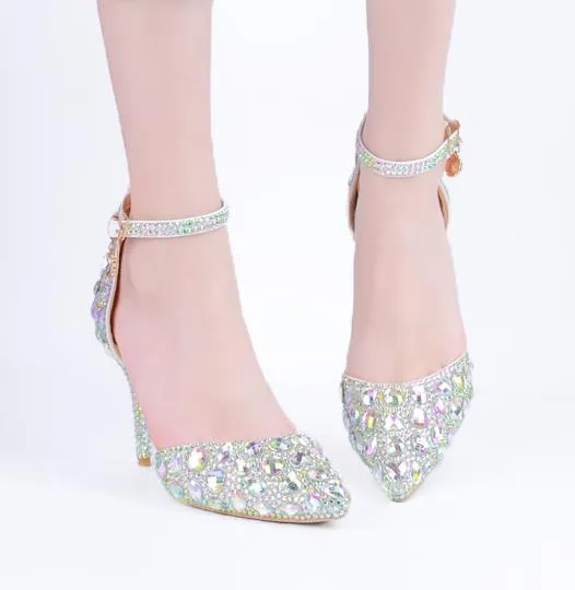 Fashion Crystals Silver Wedding Shoes 3 inch Mid Heel Rhinestone Bridal Shoes with Toe Strap Party Prom Shoes for Women 