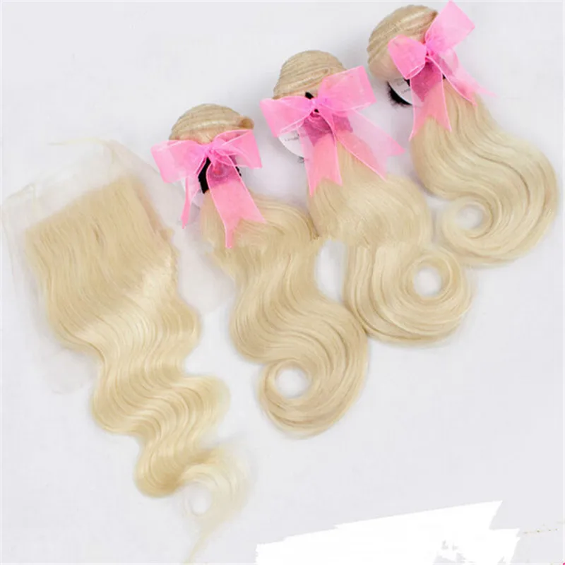 Paquetes de cabello rubio brasileño con 1pc Body Wave Lace Closure 3Pcs # 613 Color rubio Armadura del cabello con cierre Body brasileño ondulado 4pcs / lote