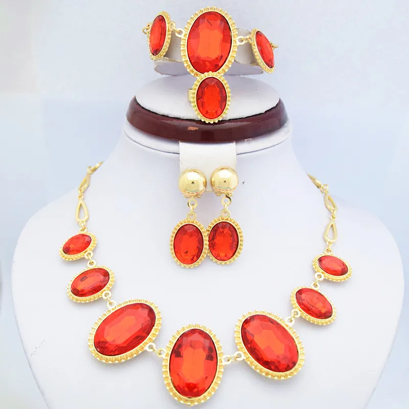 18 K żółty Pozłacane Ruby Kamienne Zestawy Biżuterii Elegancki Red Rhinestone Naszyjnik Ślubny, Bransoletka, Kolczyki i Zestawy Biżuterii Ring 720