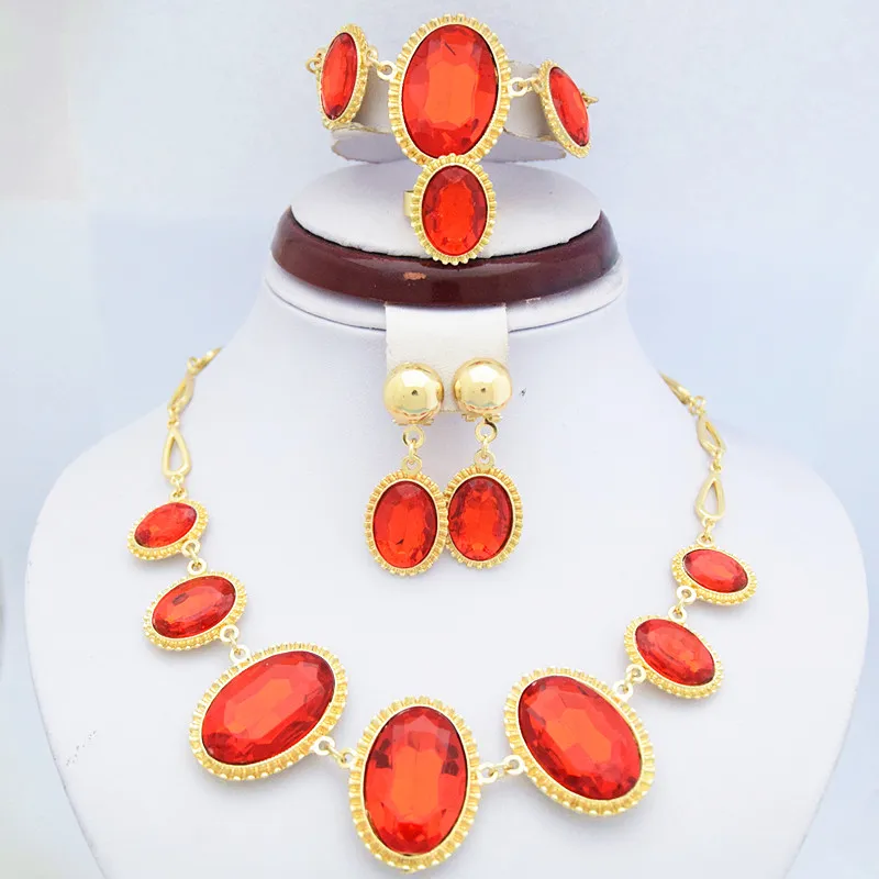 18K or jaune plaqué rubis pierre définit des ensembles de mariage, bracelet, boucles d'oreilles et bijoux en anneau élégant strass rouge 720