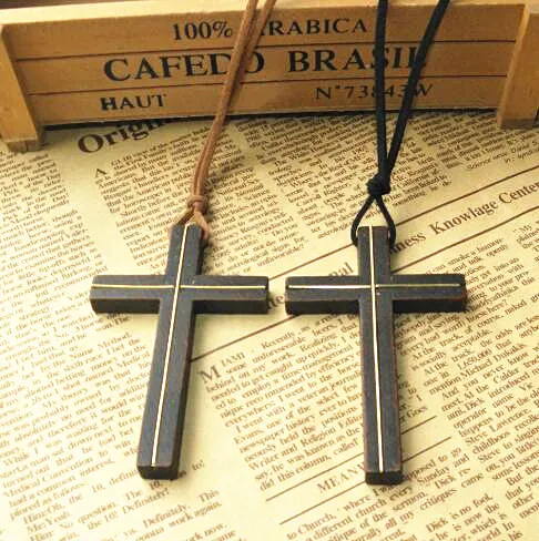 Inlaid copper wooden cross pendant necklace vintage leather cord sweater chain men women jewelry handmade stylish Christian Jesus 