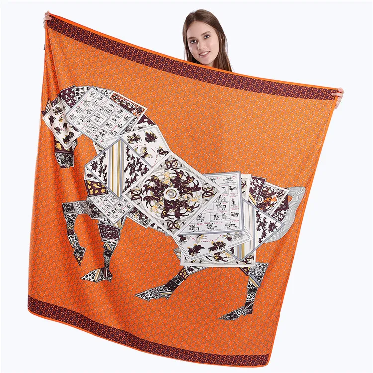 Nueva bufanda de sarga de seda para mujer, bufandas con estampado de caballos de póker, chales cuadrados para mujer, pañuelo Hijab de moda para mujer, 130cm x 130cm