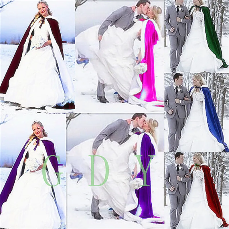 Bröllop Bridal Fantasy Full längd Hooded Cape White Fur Muff Saturin Foder och Ultra Warm Fill Winter Women's Cloaks