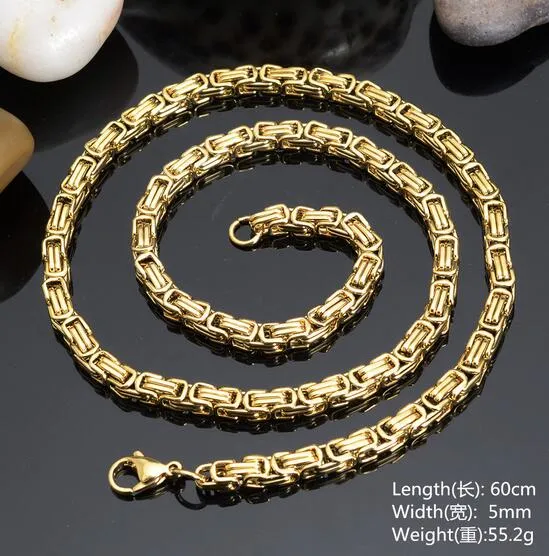 Good Quality Charming 5mm 24'' Gold 316l Stainless Steel Women Men's New Solid Byzantine Link-chain Necklace Jewelry