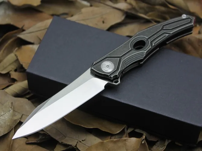 High End Ball Bearing Flipper Knife D2 Satin Blade Black Stone Washed TC4 Titanium Handle EDC Pocket Knives Xmas Gift