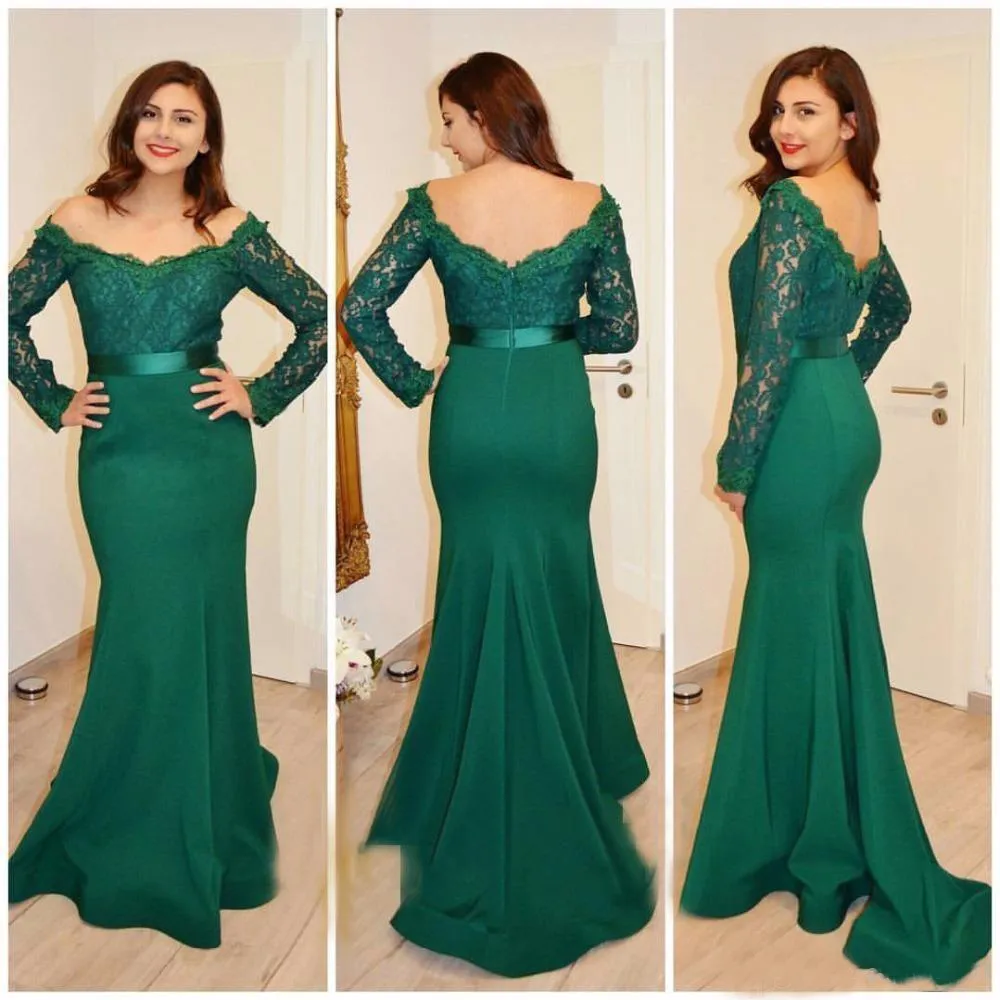 Elegant 2016 Vinter Emerald Green Off Shoulder Långärmad sjöjungfru Kvällar Billiga Lace och Satin Dress Evening Wear Custom EN102615