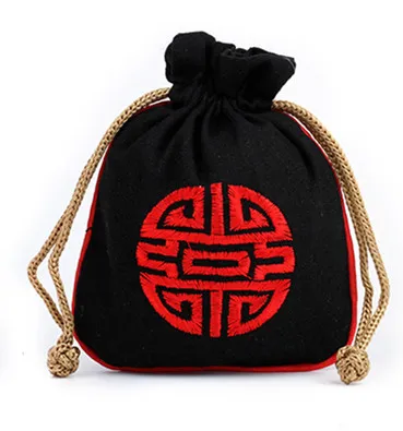 Large Ethnic Craft Cotton Linen Packaging Bags for Jewelry Storage Necklace Bracelet Travel Bag Chinese Embroidery Joyous Gift Pouch 16 x 19