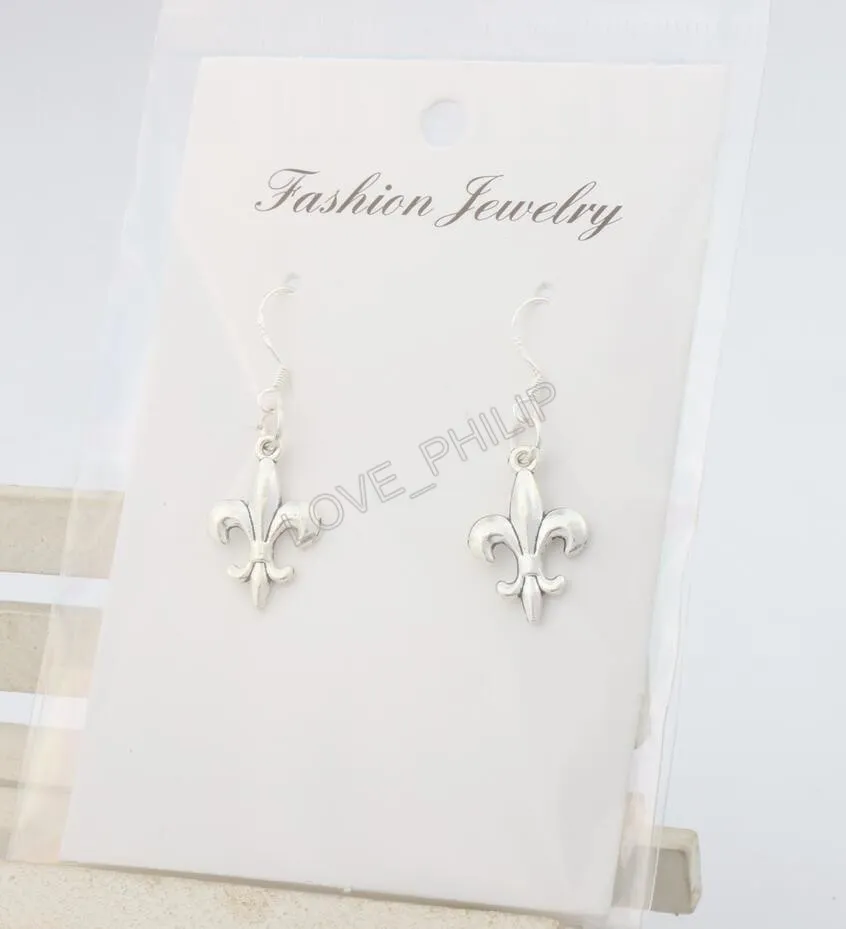 Iris fleur-de-lis blomma dangle ljuskrona örhängen 925 silver fisk öron krok / parti e387 12.5x35mm