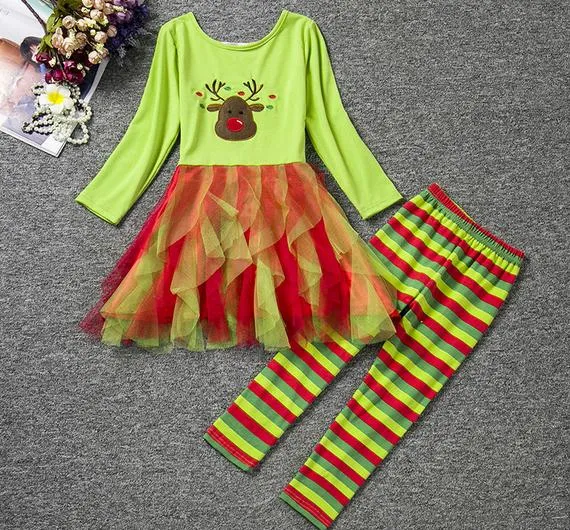 2016 gilrs Weihnachten neujahr anzug herbst mädchen cartoon Tutu langarm tops kleid + mädchen streifen hose mädchen 2 teile / satz kleid set kinder kleidung