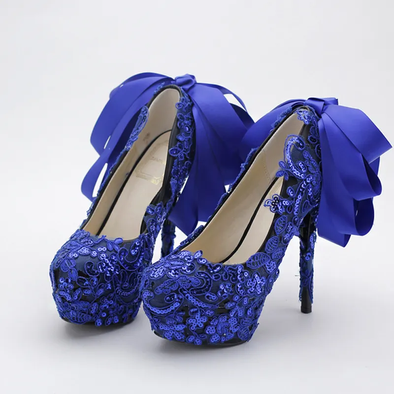 Zapatos de boda de encaje de Color azul, zapatos de tacón con purpurina para discoteca, hermosos zapatos de satén con lazo para mujer, zapatos de fiesta, zapatos de vestir azules