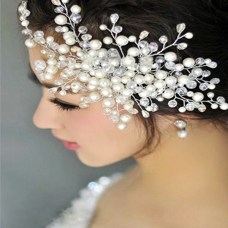 Acessórios para o cabelo nupcial da noiva casou-se com a flor de cabeça de flor coreana artesanal de cristal cocar frisado casado pérola pente