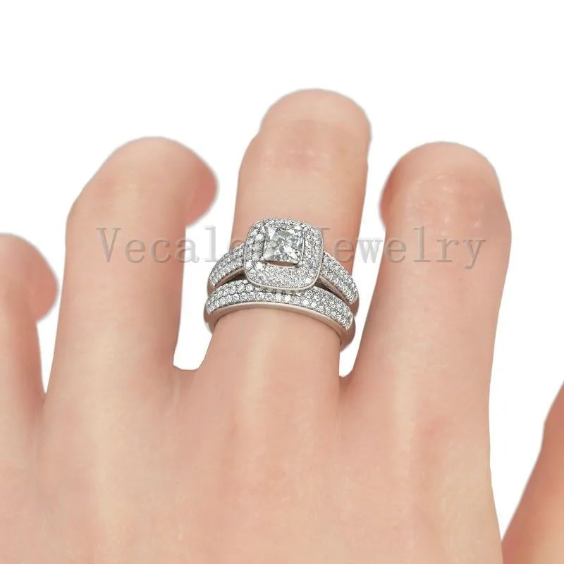 Vecalon Luxury Jewelry Cz diamond Engagement Wedding Band Ring Set le donne Anello da donna in oro bianco 14KT riempito