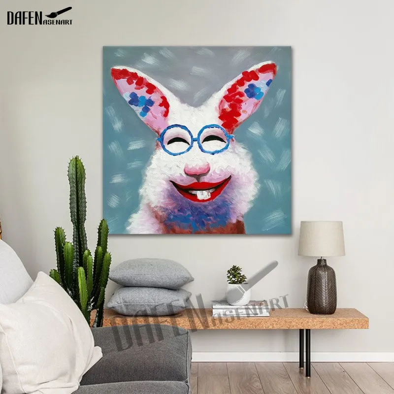 100% Hand made Crazy Rabbit Oil Painting Modern Animal Square Wall Art Acrylic Oil Paint on Canvas Home Decor