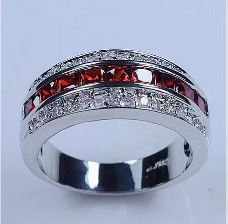 Victoria Wieck Luxury Smycken 10kt Vitguld Fylld Röd Garnet Simulerad Diamant Bröllop Princess Bridal Ringar för Män Presentstorlek 6/7/8/9/10