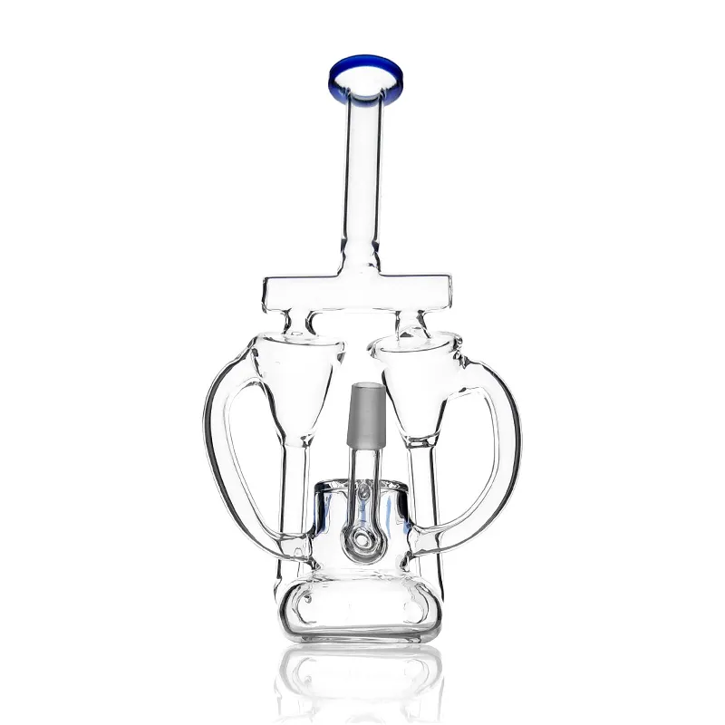 Två Funktion Vattenrör Glas Bong Double Recycler PerColator 14.4mm Fog med 9,5 tum lång