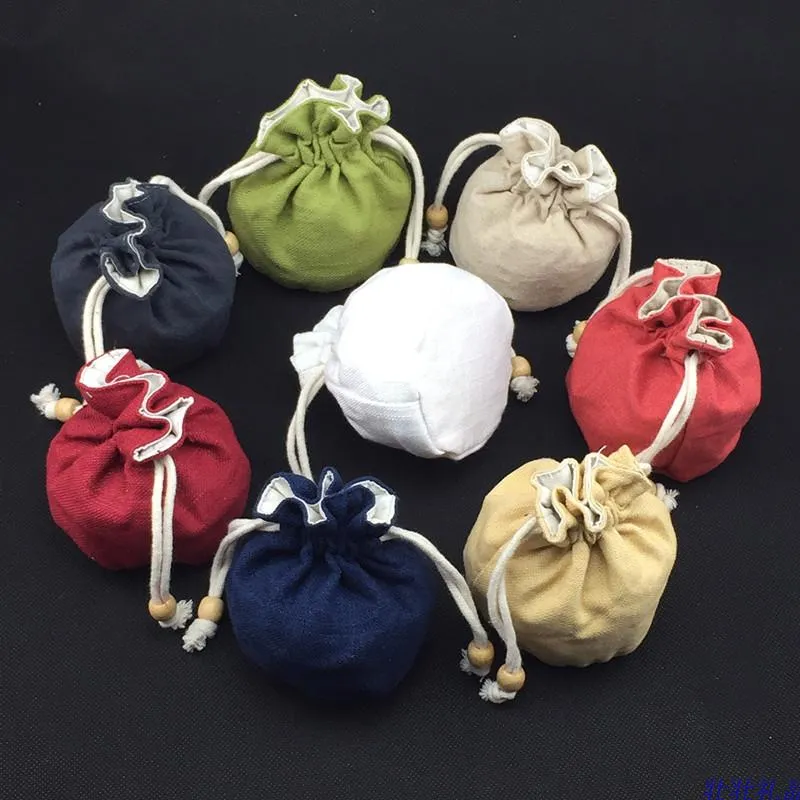 Cute Round Bottom Drawstring Bucket Bag High Quality Plain Cotton Linen Cloth Pouch Small Packaging Bags for Gift Jewelry Storage Bag /