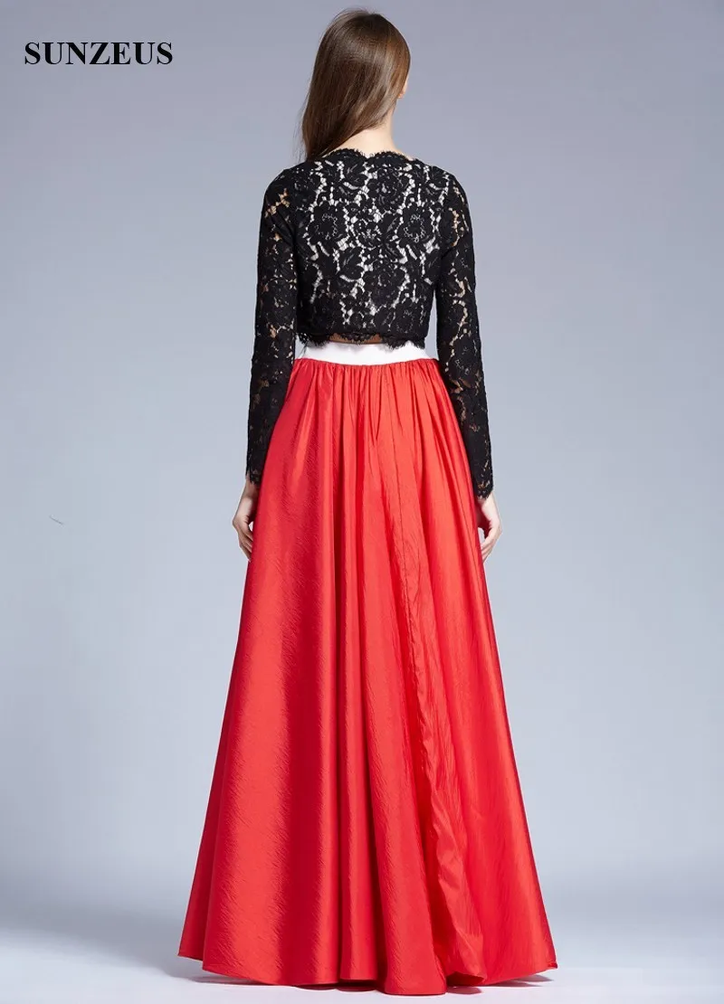 New 2017 Fall Design: Long Sleeve Black Lace Top Red Taffeta 2 Piece party dress with Long Red Hemline - Perfect for Prom New 2017 Fall Design: Long Sleeve Black Lace Top Red Taffeta 2 Piece party dress with Long Red Hemline - Perfect for Prom
