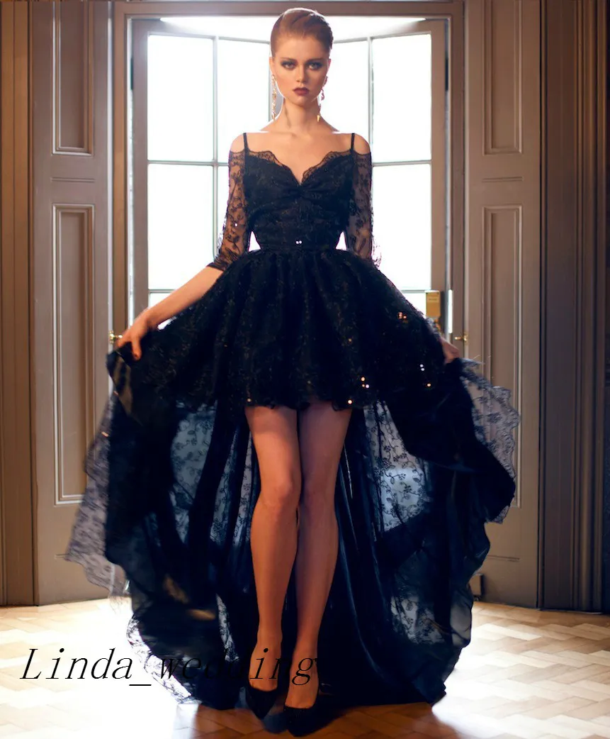 Black Lace Hi-Lo dark blue prom dresses with Beaded Bateau Neckline and Long Sleeves - Perfect for Formal Evening Parties and Arabic Balls