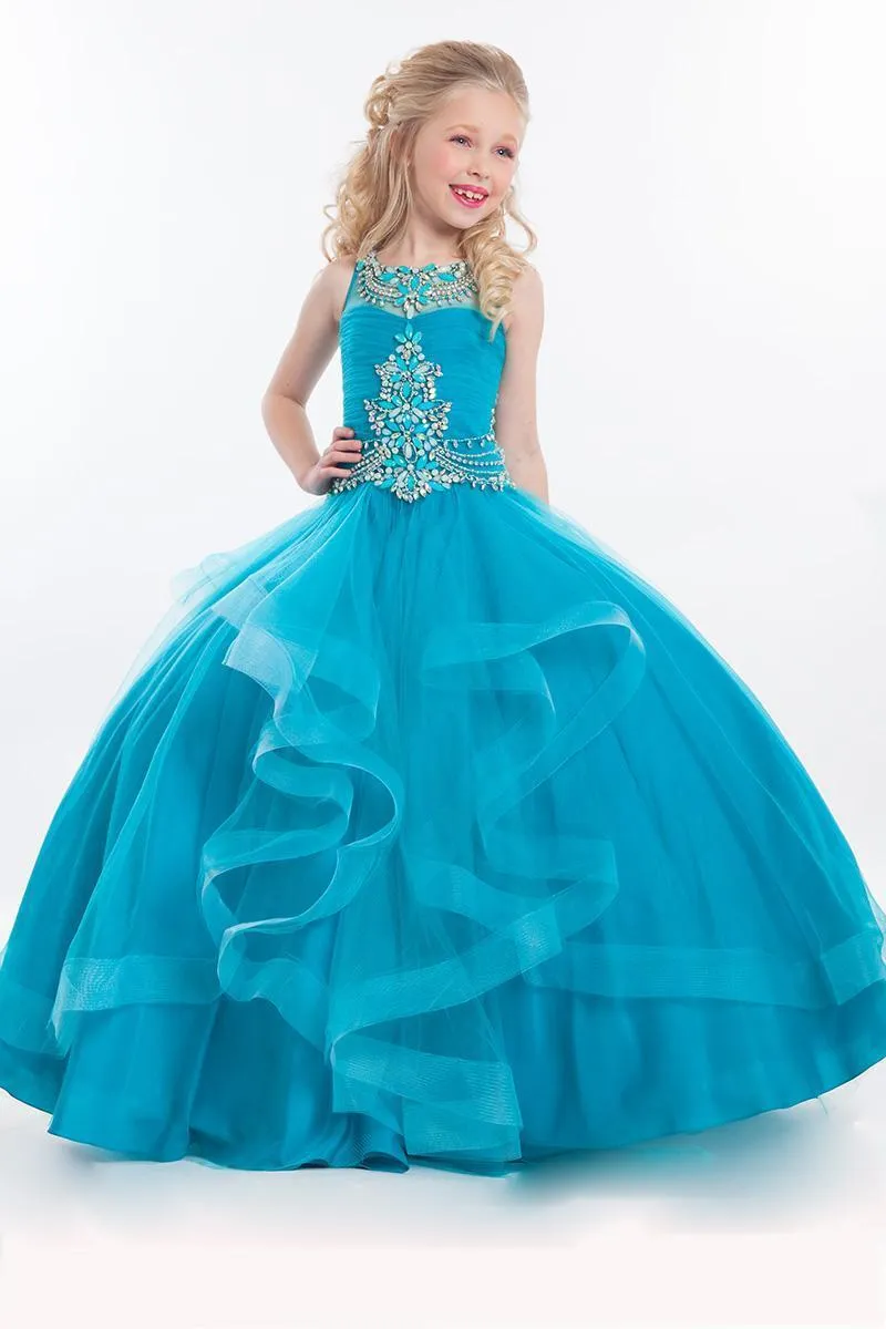 2016 Nova Teal Meninas Bonitos Vestidos Pageant tamanho 10 Tulle Contas De Cristal vestido de Baile Para As Crianças Longo Até O Chão Babados Meninas de Flor Do Partido vestidos