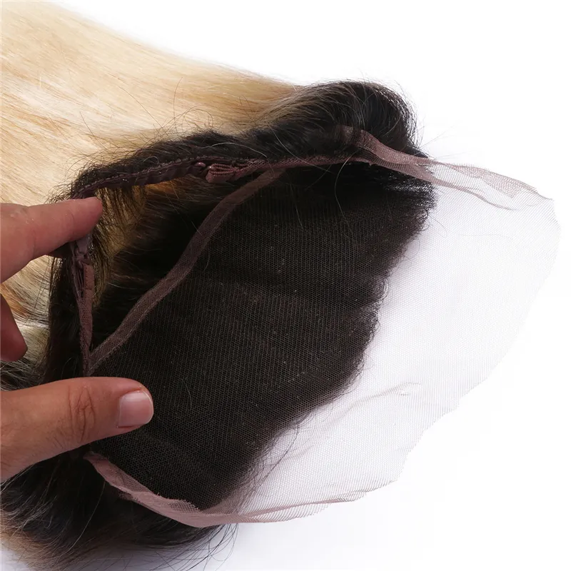 Бразильский Ombre цвет 1B 613 прямые человеческие волосы 360 полный кружева фронтальная закрытие с волосами младенца 360 кружева фронтальная группа отбеленные узлы