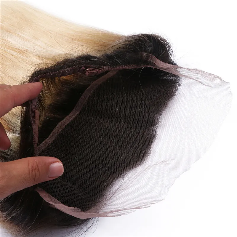 Brasileiro ombre cor 1b 613 cabelo humano reto 360 fechamento frontal de renda completa com cabelo de bebê 360 faixa de renda frontal nós descorados8077136