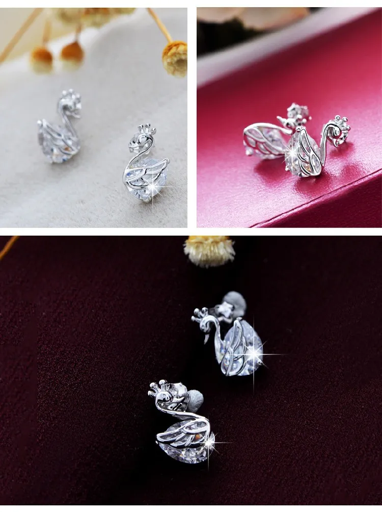 HYWo Fine Silver Plated Women Girl`s double side Earrings Swan With Crystal Fit Wedding Party Birthday Gift Fashion Earring Jewelry