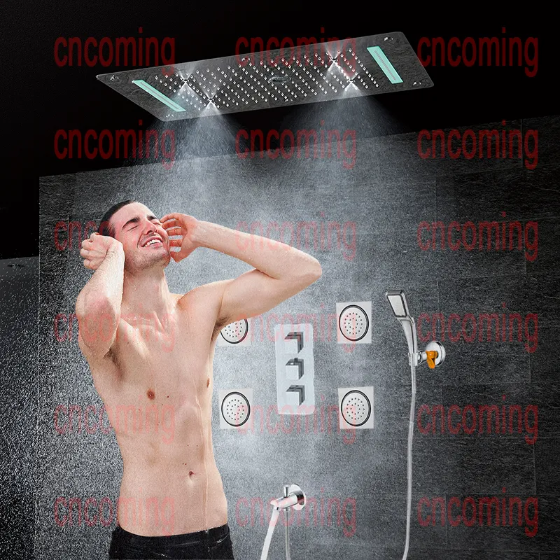 Verdecktes Badezimmer-Duschset mit Massagedüsen, LED-Deckenduschkopf, Auslauf, Thermostat-Badewannenpaneel, Regenwasserfall, Blasennebel, CS5422