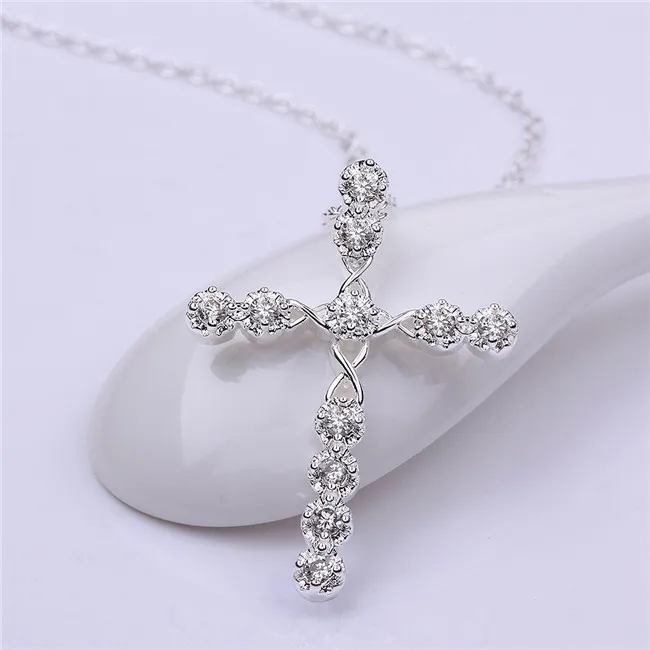 cross shape pendant necklace white gemstone sterling silver plated necklace STSN668,fashion 925 silver necklace factory direct