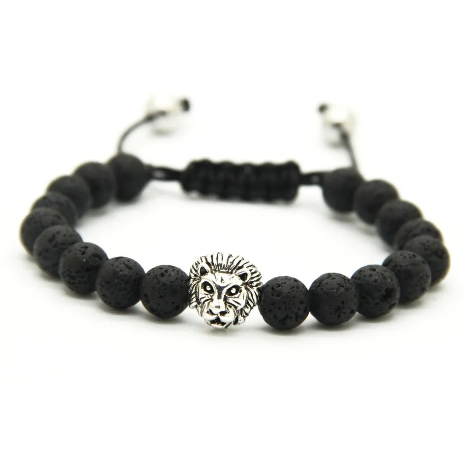 Retail Men's Bracelets 8mm Stone Beads Gold Silver Plated Lion Head Braiding Bracelets345J