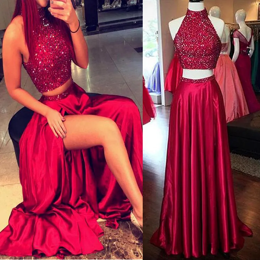 Satin High Collar Red Long Evening Dress With Beadings Satin High Collar Red Long Evening Dress With Beadings