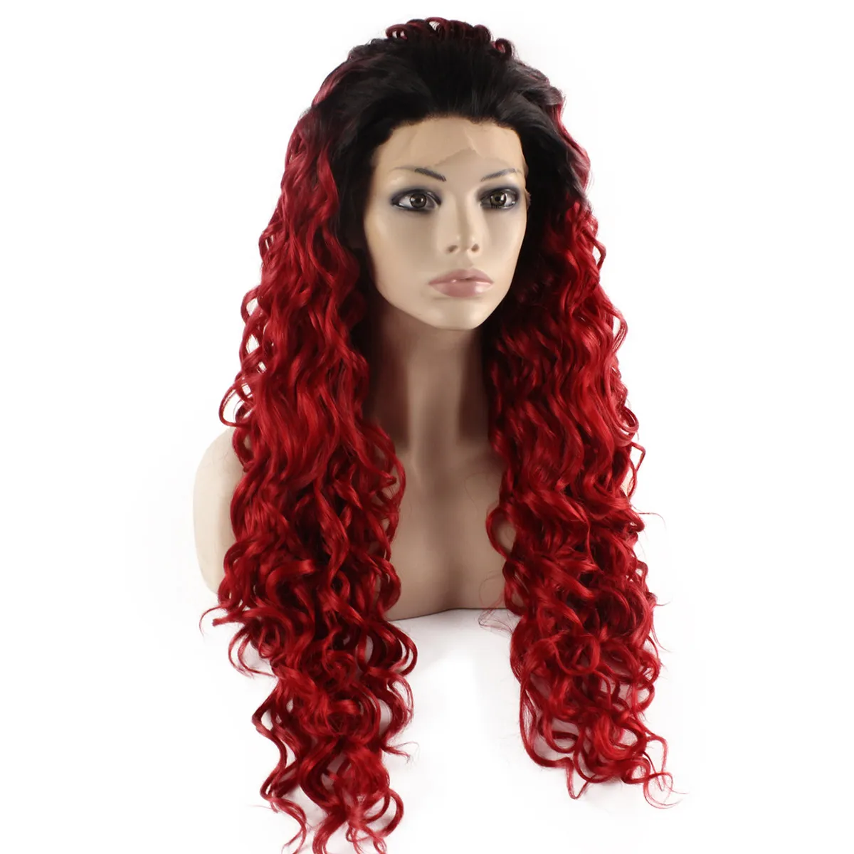 26inch Long Curly Black Red Ombre Värmebeständig Hårspets Front Wig