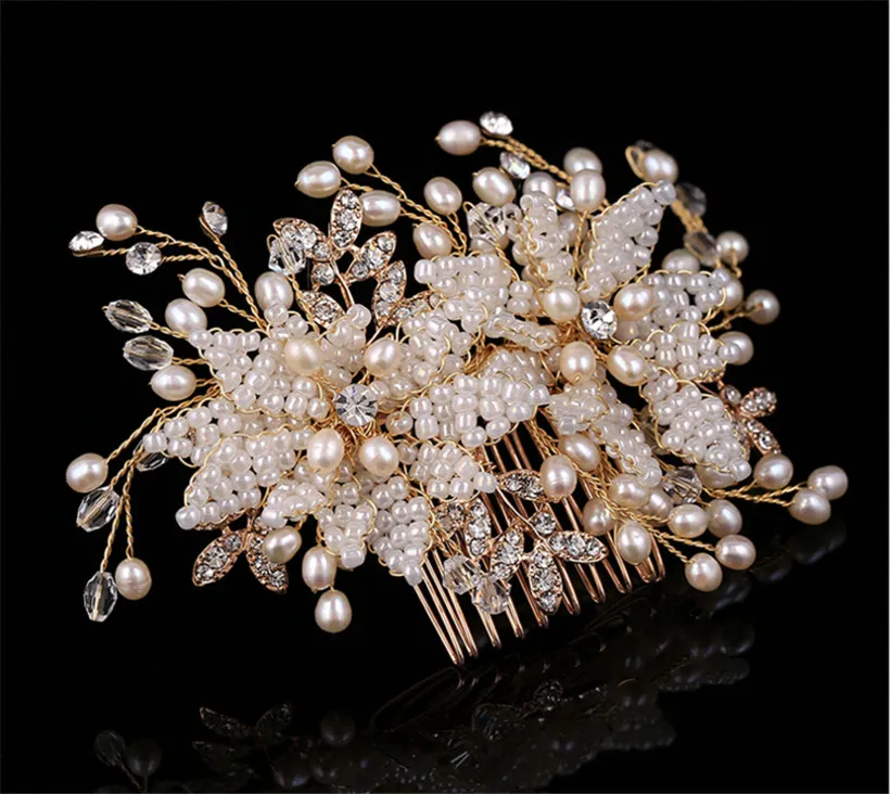 Designer Fashion Women Party Prom Wedding Bridal Gold Crystal Rhinestone Pearl Beaded Comb Hair Accessories Headpieces Jewelry Cro6373316