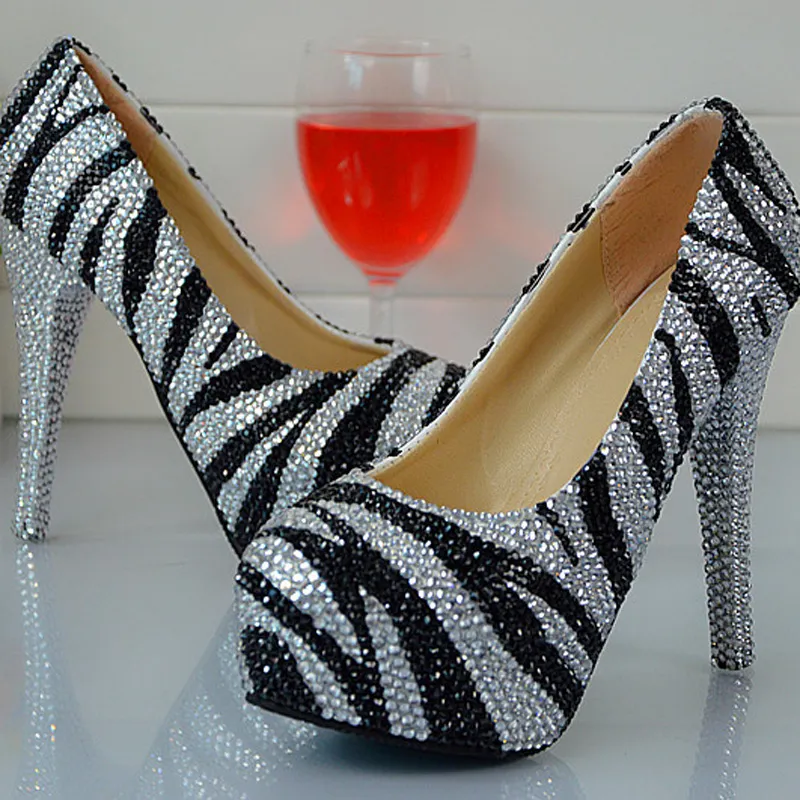 Zebra Crystal Closed Toe Buty Party High Heel Dla Lady Round Toe Srebrny I Czarny Rhinestone Wedding Buty Ślubne Pompy