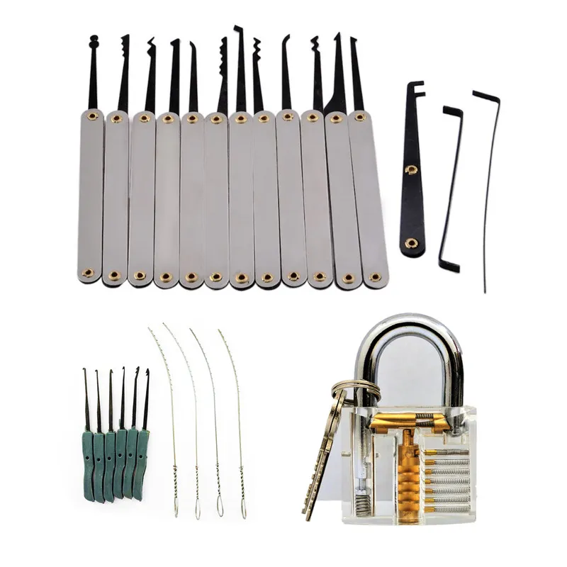 15 sztuk Unlocking Lock Set Set Locksmith Tools + 10 SZTUK Broken Key Extractor Set + 1 PC Transparent Praktyka Kłódka