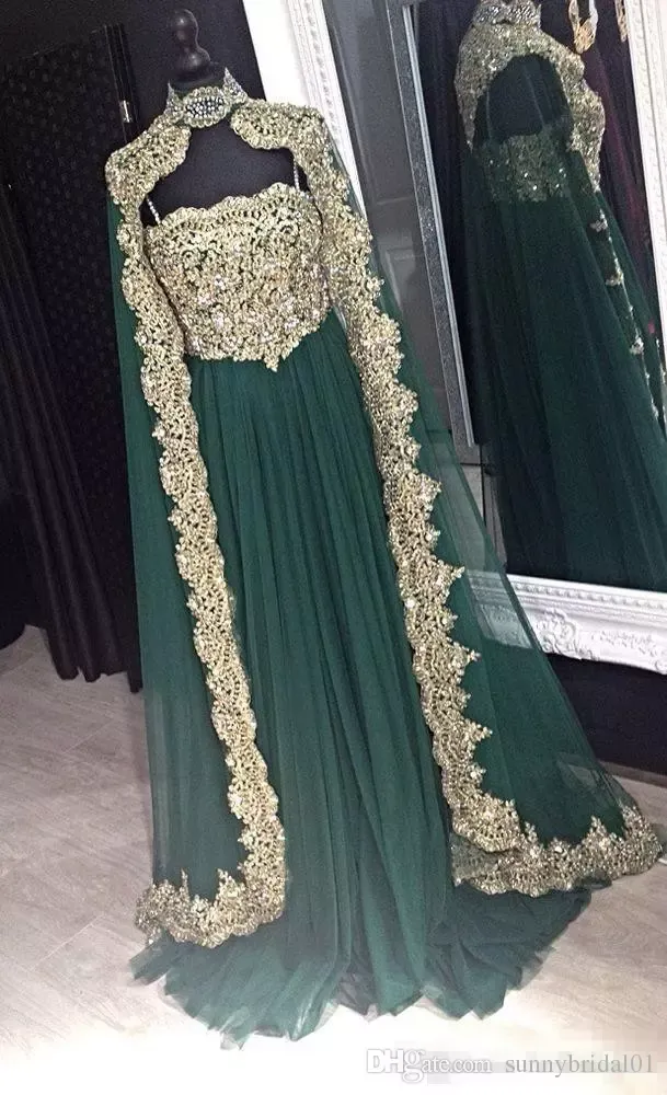 Novos vestidos de noite em árabe verde Hunter, aplicados vestido de festas de renda indiana longa com capa79699179022974