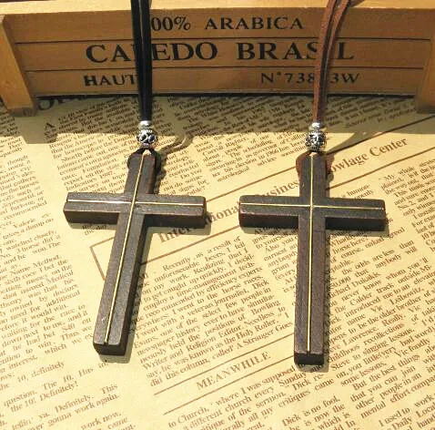 Solid Wood Cross Pendant Halsband Vintage Lädersladdtröja Kedja inlagd koppar Men Kvinnor Syckel Handgjorda Stylish Jesus Vintag332s